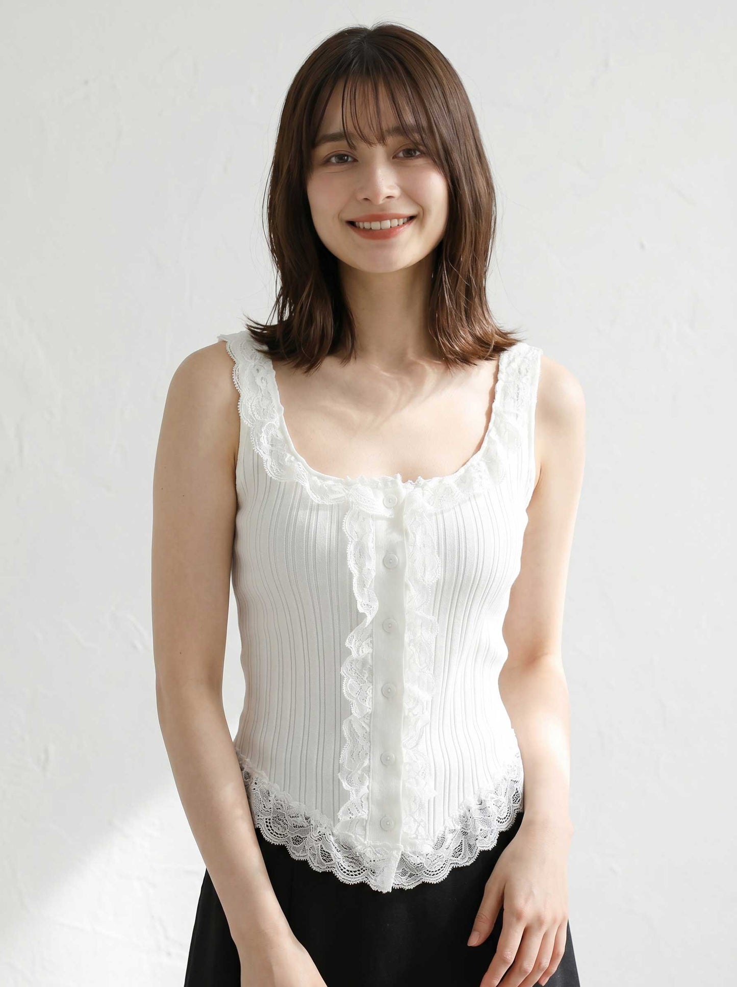 フリル レース リブ編み タンクトップ ビスチェ レイヤード 大人可愛い 春夏 FREE