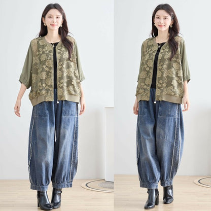 【M〜L】フラワーレースメッシュブルゾン｜上品ライトアウター・7分袖・冷房対策・TRUBE N23-090