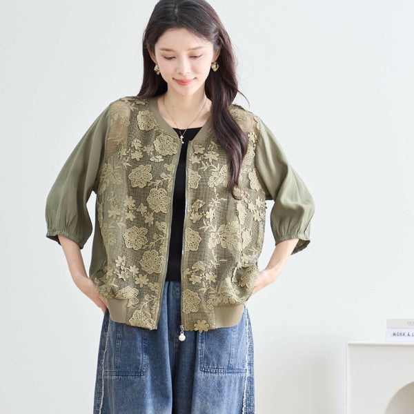 【M〜L】フラワーレースメッシュブルゾン｜上品ライトアウター・7分袖・冷房対策・TRUBE N23-090