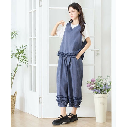 【M〜L】シャーリングフリルストライプバルーンパンツ｜ふんわり 裾フリル ウエストゴム N53-047