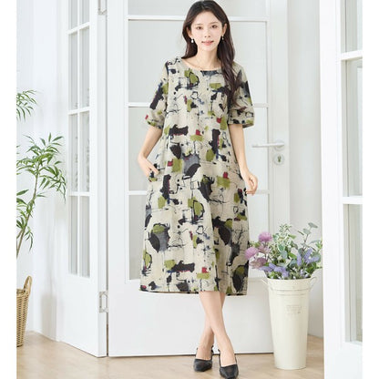 【M〜L】麻混モダンアート柄ワンピース｜コクーンシルエット 大人カジュアル N83-207