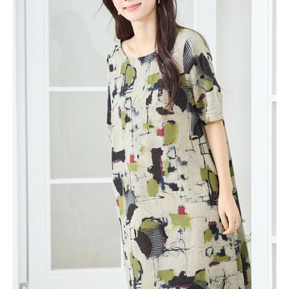 【M〜L】麻混モダンアート柄ワンピース｜コクーンシルエット 大人カジュアル N83-207