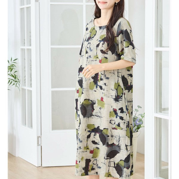 【M〜L】麻混モダンアート柄ワンピース｜コクーンシルエット 大人カジュアル N83-207