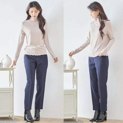 【M〜L・L〜LL】メロウフリルハイネックカットソー｜伸縮ストレッチ・長袖トップス・秋冬レイヤード・C01-108