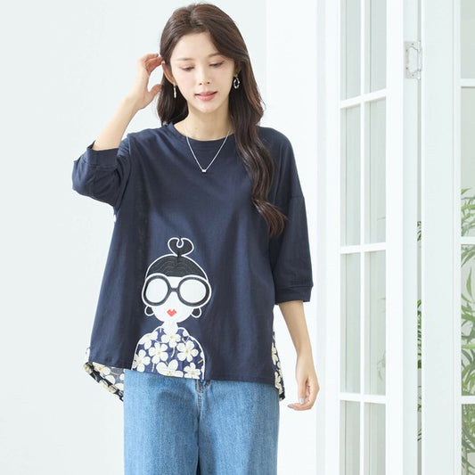 【M〜L】レトロガールプリント バックフラワーカットソー｜異素材デザイン・ゆったりシルエット・TRUBE N13-320