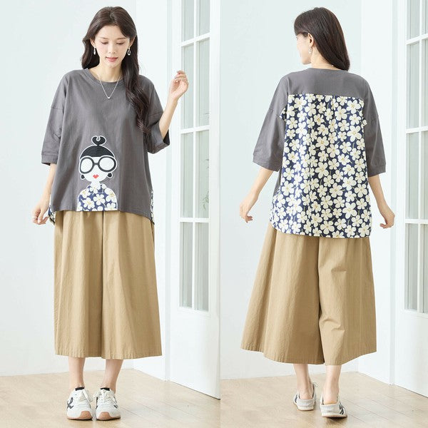 【M〜L】レトロガールプリント バックフラワーカットソー｜異素材デザイン・ゆったりシルエット・TRUBE N13-320