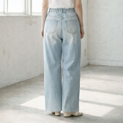 【S-XL】ハイウエストワイドデニムパンツ 綿100% 後ろゴム 脚長 美脚 ウォッシュ加工 Sans Souci 34+