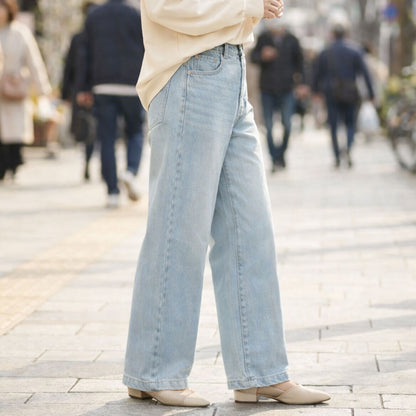 【S-XL】ハイウエストワイドデニムパンツ 綿100% 後ろゴム 脚長 美脚 ウォッシュ加工 Sans Souci 34+