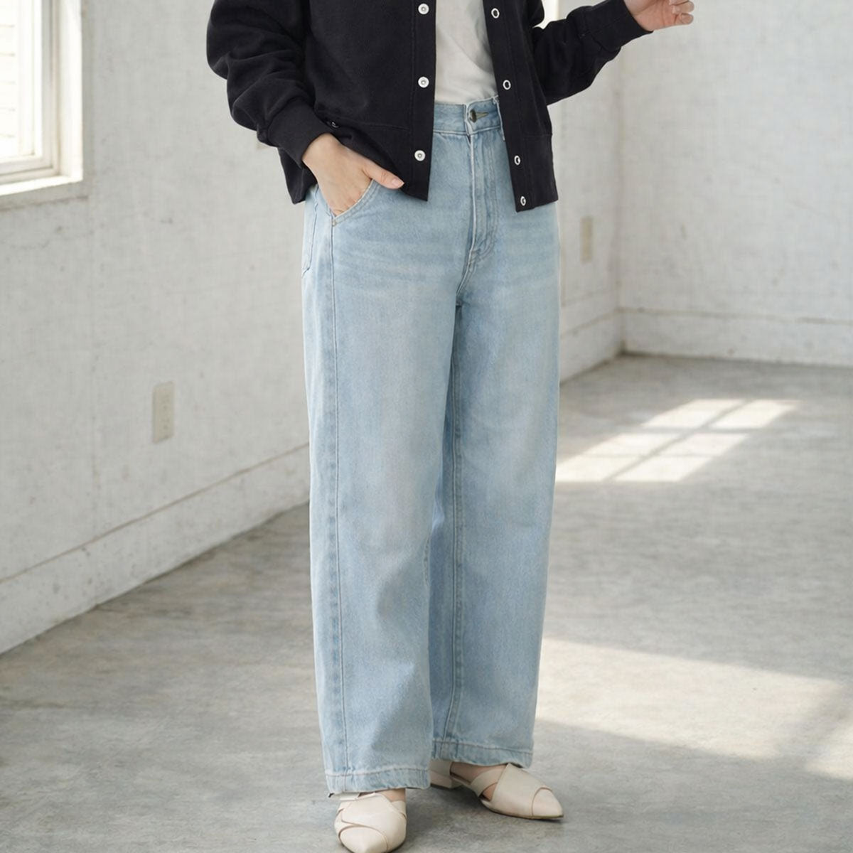 【S-XL】ハイウエストワイドデニムパンツ 綿100% 後ろゴム 脚長 美脚 ウォッシュ加工 Sans Souci 34+