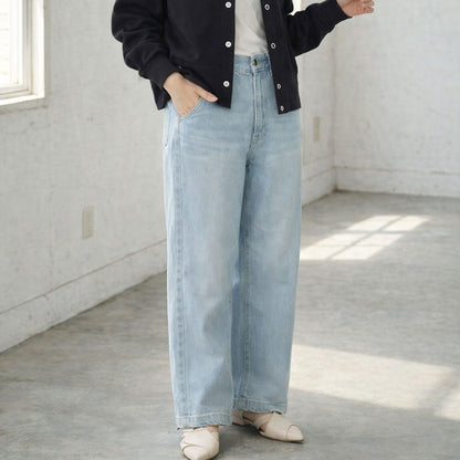 【S-XL】ハイウエストワイドデニムパンツ 綿100% 後ろゴム 脚長 美脚 ウォッシュ加工 Sans Souci 34+