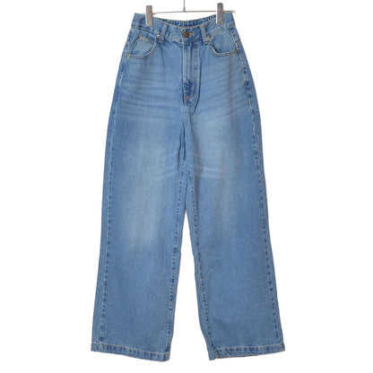 【S-XL】ハイウエストワイドデニムパンツ 綿100% 後ろゴム 脚長 美脚 ウォッシュ加工 Sans Souci 34+