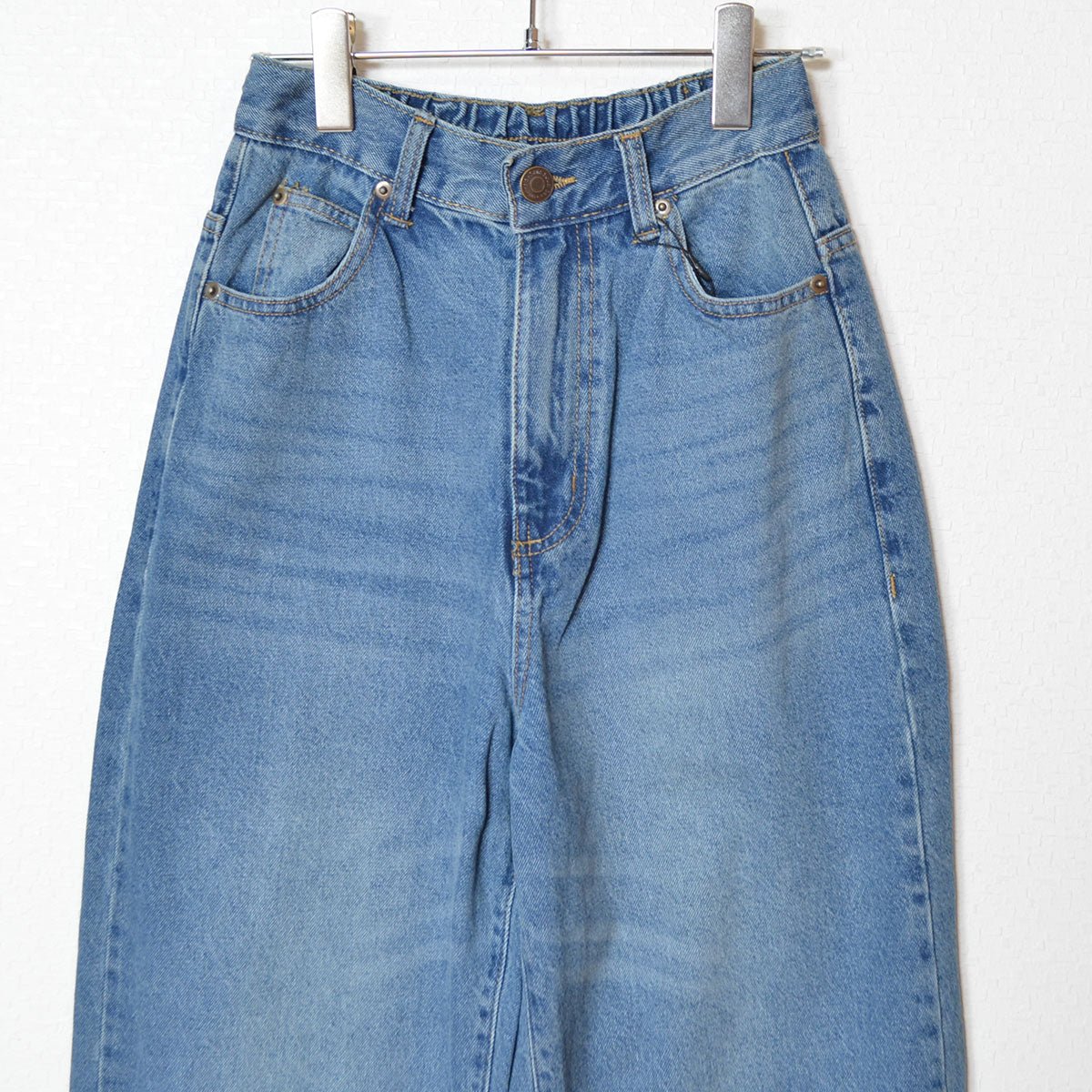 【S-XL】ハイウエストワイドデニムパンツ 綿100% 後ろゴム 脚長 美脚 ウォッシュ加工 Sans Souci 34+