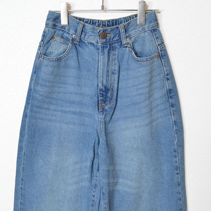 【S-XL】ハイウエストワイドデニムパンツ 綿100% 後ろゴム 脚長 美脚 ウォッシュ加工 Sans Souci 34+