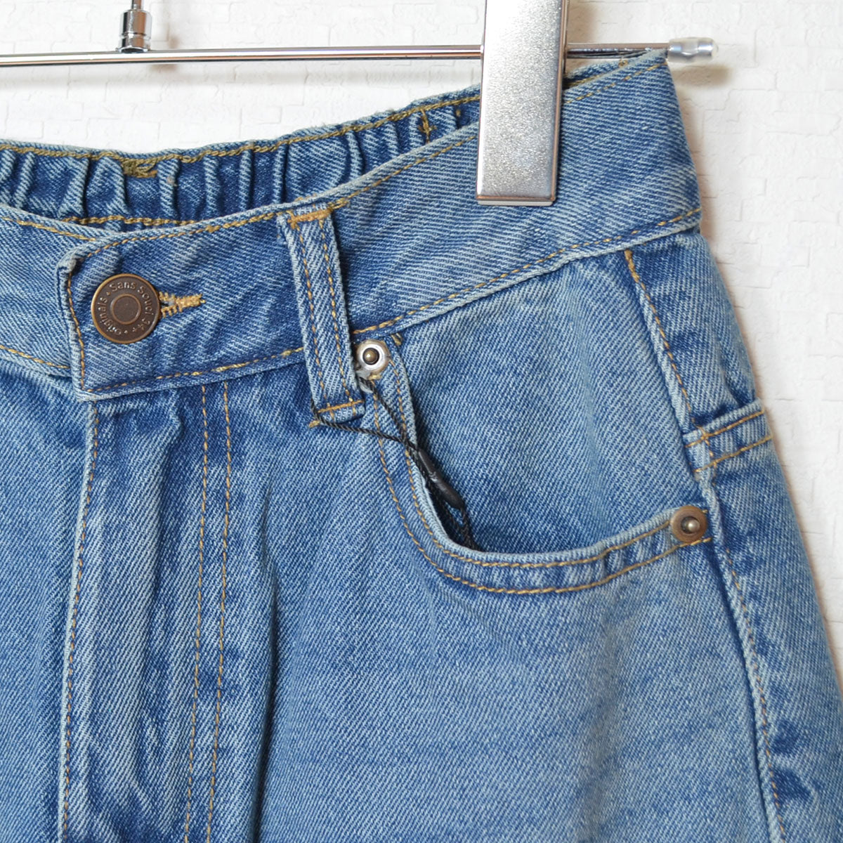 【S-XL】ハイウエストワイドデニムパンツ 綿100% 後ろゴム 脚長 美脚 ウォッシュ加工 Sans Souci 34+