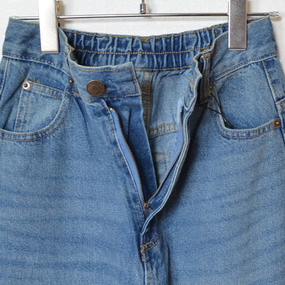 【S-XL】ハイウエストワイドデニムパンツ 綿100% 後ろゴム 脚長 美脚 ウォッシュ加工 Sans Souci 34+