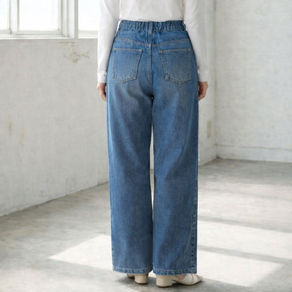 【S-XL】ハイウエストワイドデニムパンツ 綿100% 後ろゴム 脚長 美脚 ウォッシュ加工 Sans Souci 34+