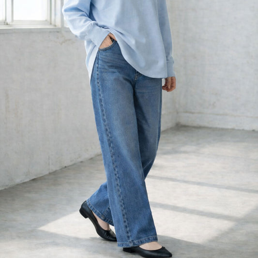 【S-XL】ハイウエストワイドデニムパンツ 綿100% 後ろゴム 脚長 美脚 ウォッシュ加工 Sans Souci 34+