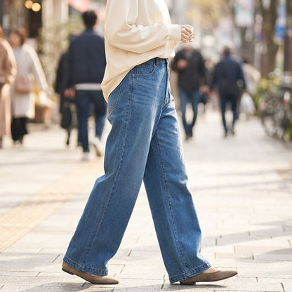 【S-XL】ハイウエストワイドデニムパンツ 綿100% 後ろゴム 脚長 美脚 ウォッシュ加工 Sans Souci 34+