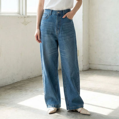 【S-XL】ハイウエストワイドデニムパンツ 綿100% 後ろゴム 脚長 美脚 ウォッシュ加工 Sans Souci 34+