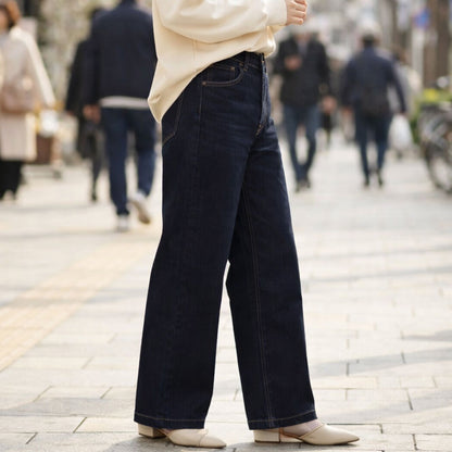 【S-XL】ハイウエストワイドデニムパンツ 綿100% 後ろゴム 脚長 美脚 ウォッシュ加工 Sans Souci 34+