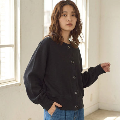 【フリー】ハニカムストレッチ袖ボリュームカーディガン 綿混 スナップボタン 肉厚 羽織り Sans Souci 34+