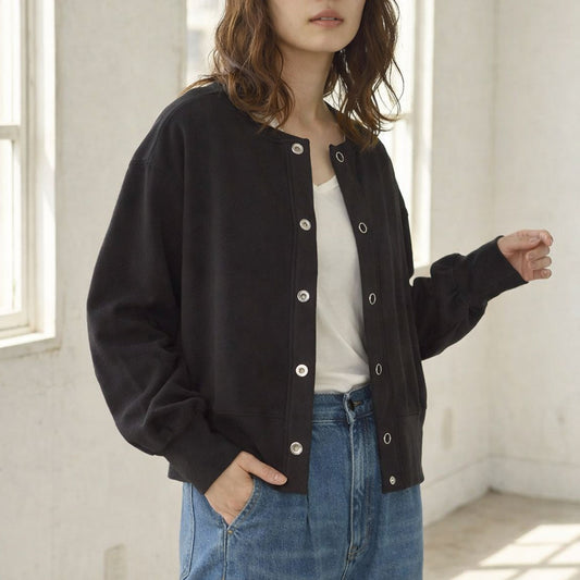 【フリー】ハニカムストレッチ袖ボリュームカーディガン 綿混 スナップボタン 肉厚 羽織り Sans Souci 34+