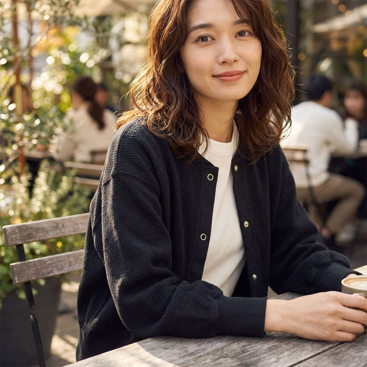 【フリー】ハニカムストレッチ袖ボリュームカーディガン 綿混 スナップボタン 肉厚 羽織り Sans Souci 34+