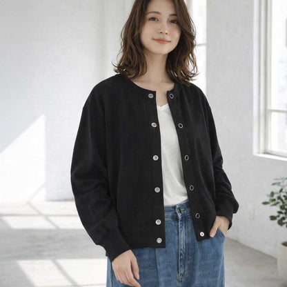 【フリー】ハニカムストレッチ袖ボリュームカーディガン 綿混 スナップボタン 肉厚 羽織り Sans Souci 34+