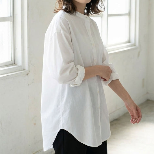 【フリー】製品洗いブロードバンドカラー長袖シャツ 綿100% スタンドカラー 羽織り Sans Souci 34+