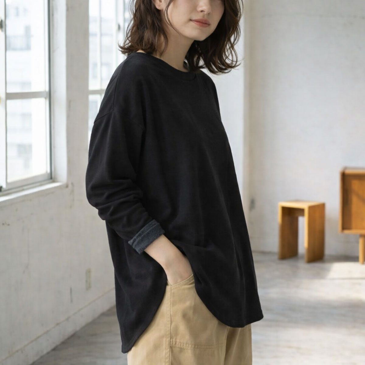 【フリー】リップルダブルフェイス裾ラウンド長袖Tシャツ 綿混 肉厚 カットソー 春 Sans Souci 34+