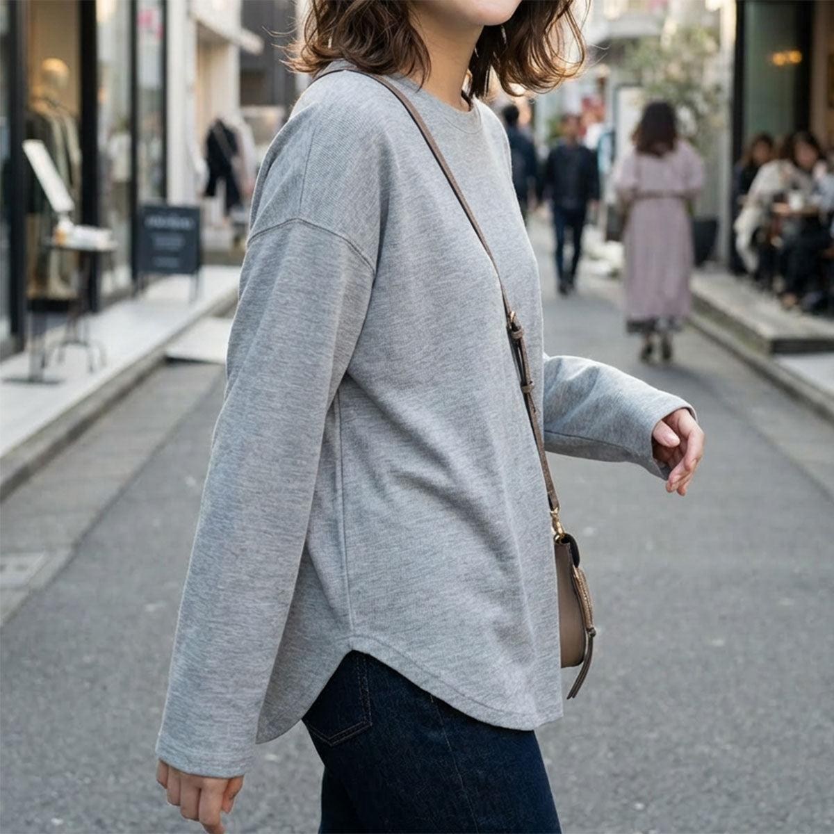 【フリー】リップルダブルフェイス裾ラウンド長袖Tシャツ 綿混 肉厚 カットソー 春 Sans Souci 34+