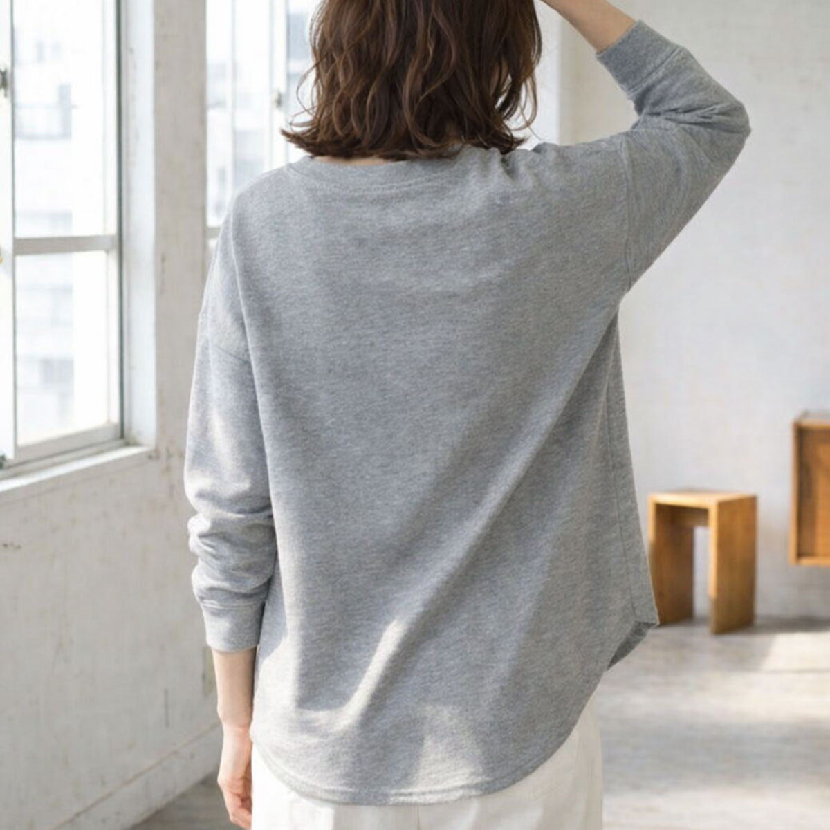 【フリー】リップルダブルフェイス裾ラウンド長袖Tシャツ 綿混 肉厚 カットソー 春 Sans Souci 34+