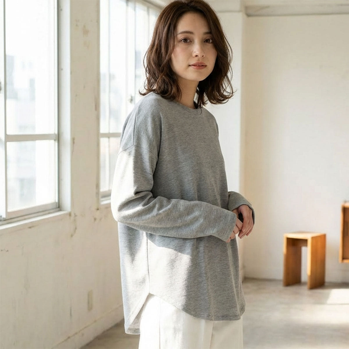 【フリー】リップルダブルフェイス裾ラウンド長袖Tシャツ 綿混 肉厚 カットソー 春 Sans Souci 34+