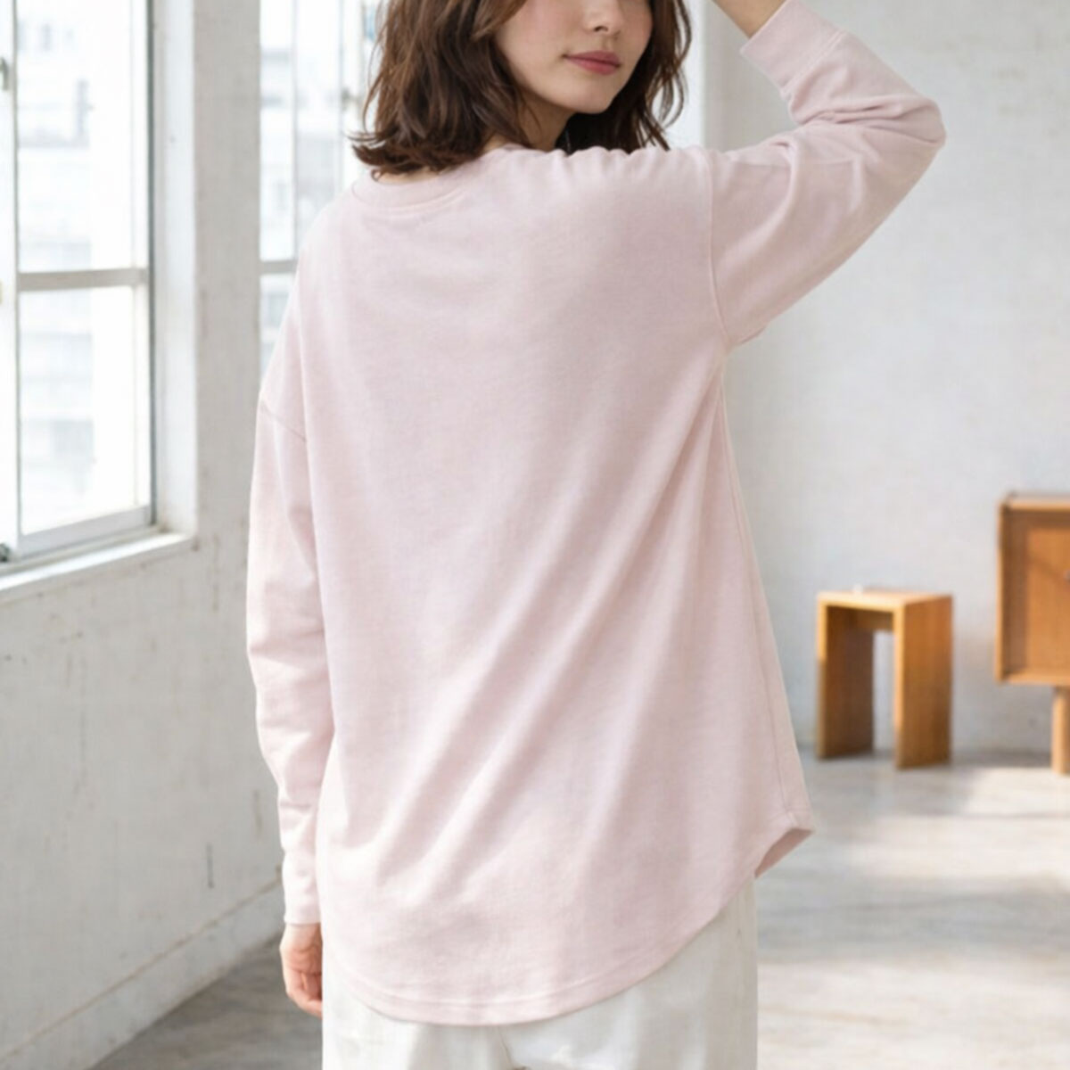 【フリー】リップルダブルフェイス裾ラウンド長袖Tシャツ 綿混 肉厚 カットソー 春 Sans Souci 34+