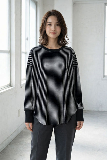 【フリー】リブ裾ラウンドプルオーバー 伸縮 ストレッチ ボーダー 長袖 重ね着 Sans Souci 34+