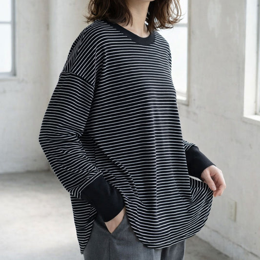 【フリー】リブ裾ラウンドプルオーバー 伸縮 ストレッチ ボーダー 長袖 重ね着 Sans Souci 34+