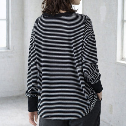 【フリー】リブ裾ラウンドプルオーバー 伸縮 ストレッチ ボーダー 長袖 重ね着 Sans Souci 34+
