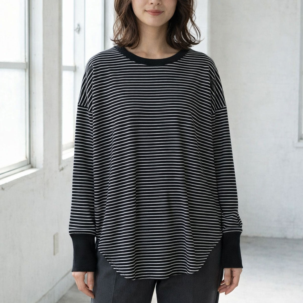 【フリー】リブ裾ラウンドプルオーバー 伸縮 ストレッチ ボーダー 長袖 重ね着 Sans Souci 34+