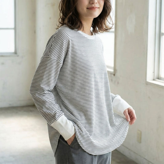 【フリー】リブ裾ラウンドプルオーバー 伸縮 ストレッチ ボーダー 長袖 重ね着 Sans Souci 34+