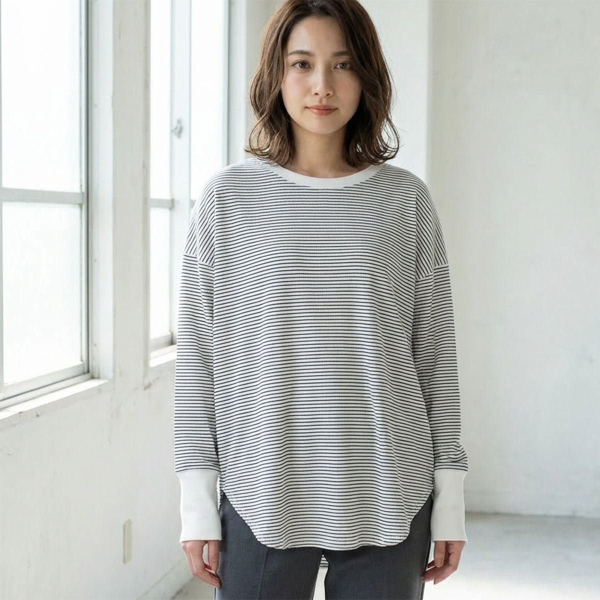 【フリー】リブ裾ラウンドプルオーバー 伸縮 ストレッチ ボーダー 長袖 重ね着 Sans Souci 34+