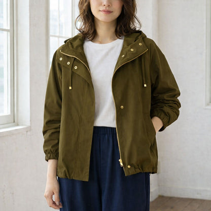 【フリー】撥水加工マウンテンパーカー 金具ゴールド フード付き 春アウター 羽織り Sans Souci 34+