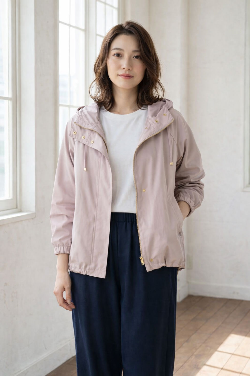 【フリー】撥水加工マウンテンパーカー 金具ゴールド フード付き 春アウター 羽織り Sans Souci 34+