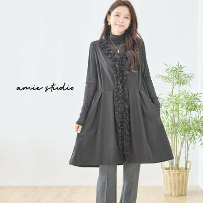 【M〜L】ラッフルフリルデザインロングベスト｜フリル使い・華やかレイヤード・amie studio N33-044