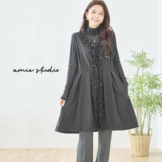 【M〜L】ラッフルフリルデザインロングベスト｜フリル使い・華やかレイヤード・amie studio N33-044