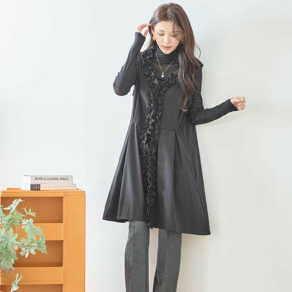 【M〜L】ラッフルフリルデザインロングベスト｜フリル使い・華やかレイヤード・amie studio N33-044