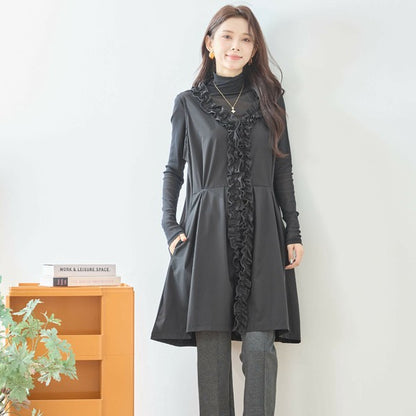 【M〜L】ラッフルフリルデザインロングベスト｜フリル使い・華やかレイヤード・amie studio N33-044