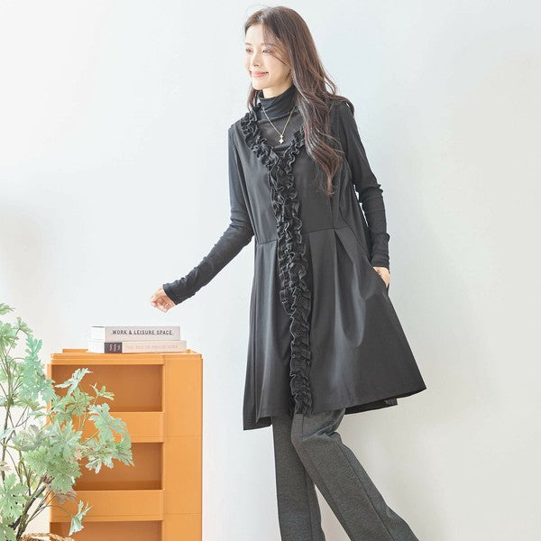 【M〜L】ラッフルフリルデザインロングベスト｜フリル使い・華やかレイヤード・amie studio N33-044