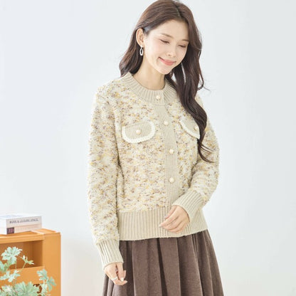 【M〜L】フェミニンツイード調ニットカーディガン｜立体編み×パールボタン・大人上品な華やぎニット amie studio｜N25-283B