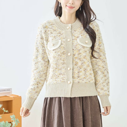 【M〜L】フェミニンツイード調ニットカーディガン｜立体編み×パールボタン・大人上品な華やぎニット amie studio｜N25-283B
