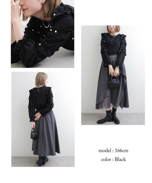 【M〜L】お袖フリルパール付T｜フリル袖×パール装飾・上品可愛いブラウス風カットソー・長袖トップス 199923